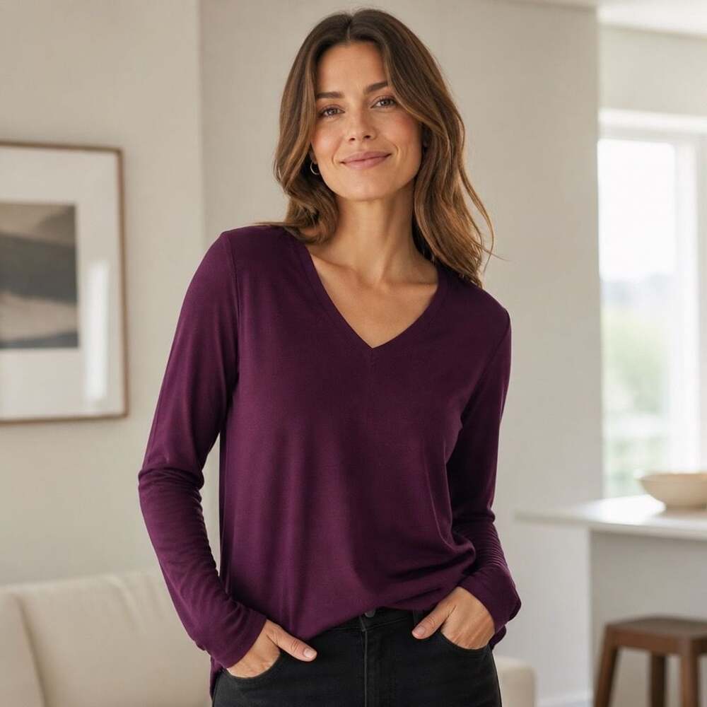 Eileen Fisher Organic Cotton Long Sleeve V-Neck T-Shirt Purple Size L
